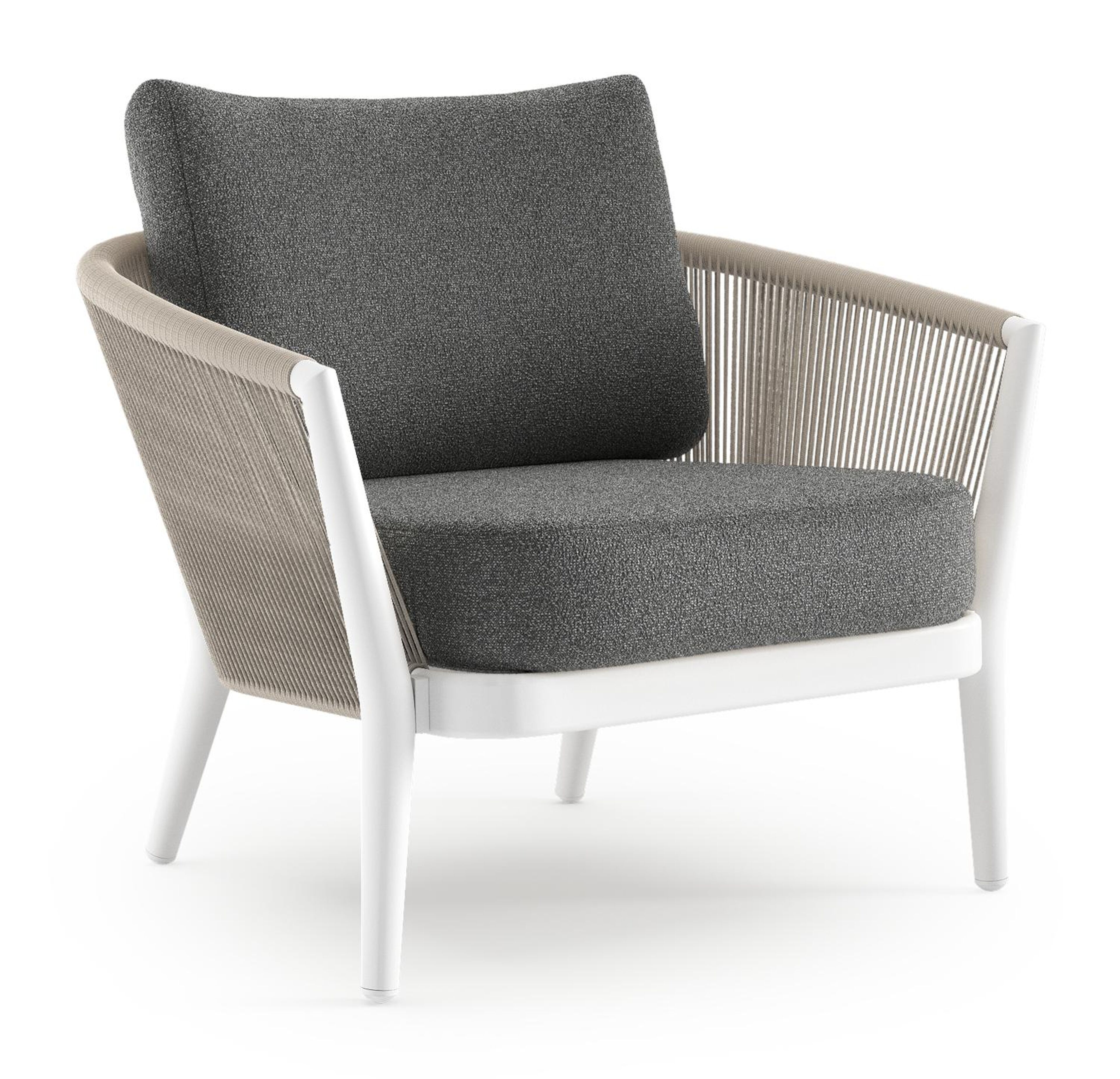Orso loungestoel in wit aluminium en beige verticaal geweven ronde rope met Catania Black all weather cosytica kussen