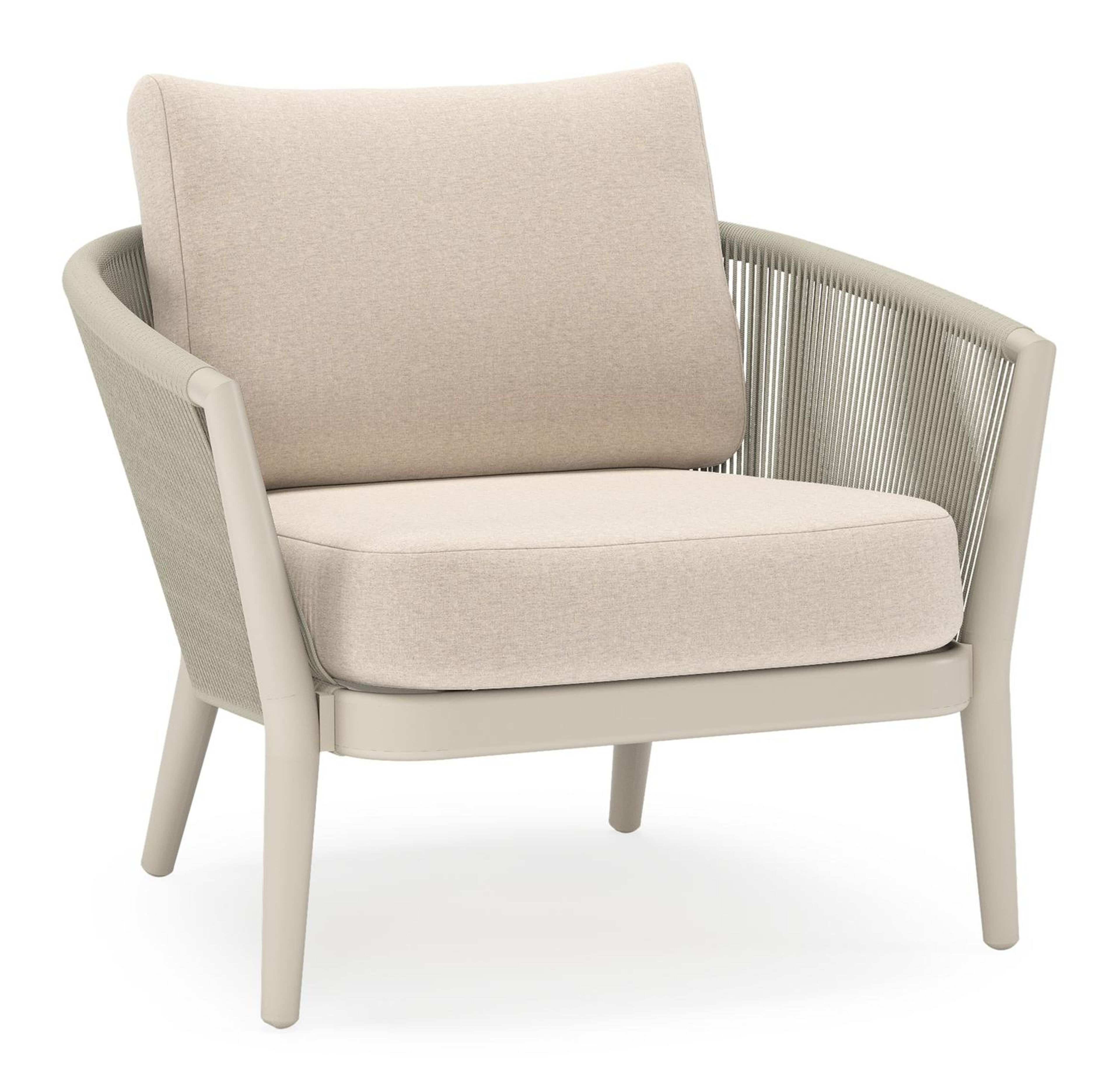 Orso loungestoel in beige aluminium en beige verticaal geweven ronde rope met Heritage Ash all weather sunbrella® luxe kussen