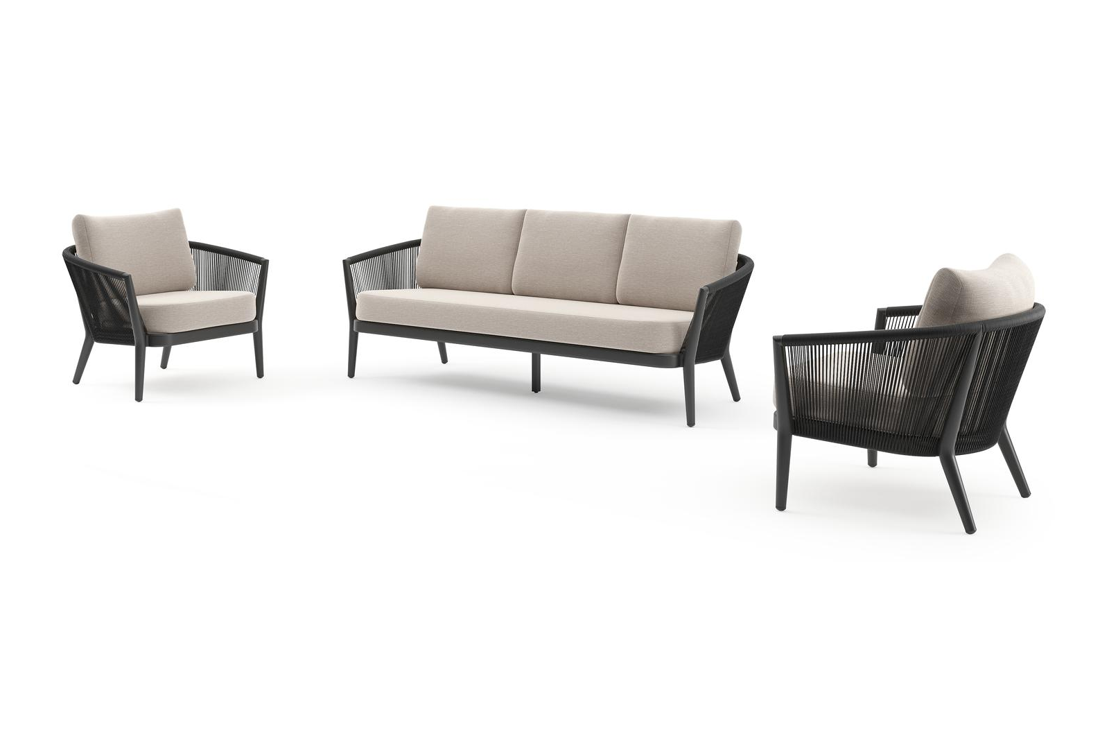 Salon de jardin Orso en aluminium noir en corde ronde tissée verticalement noir et coussins en all weather sunbrella® luxe Slow Farafra