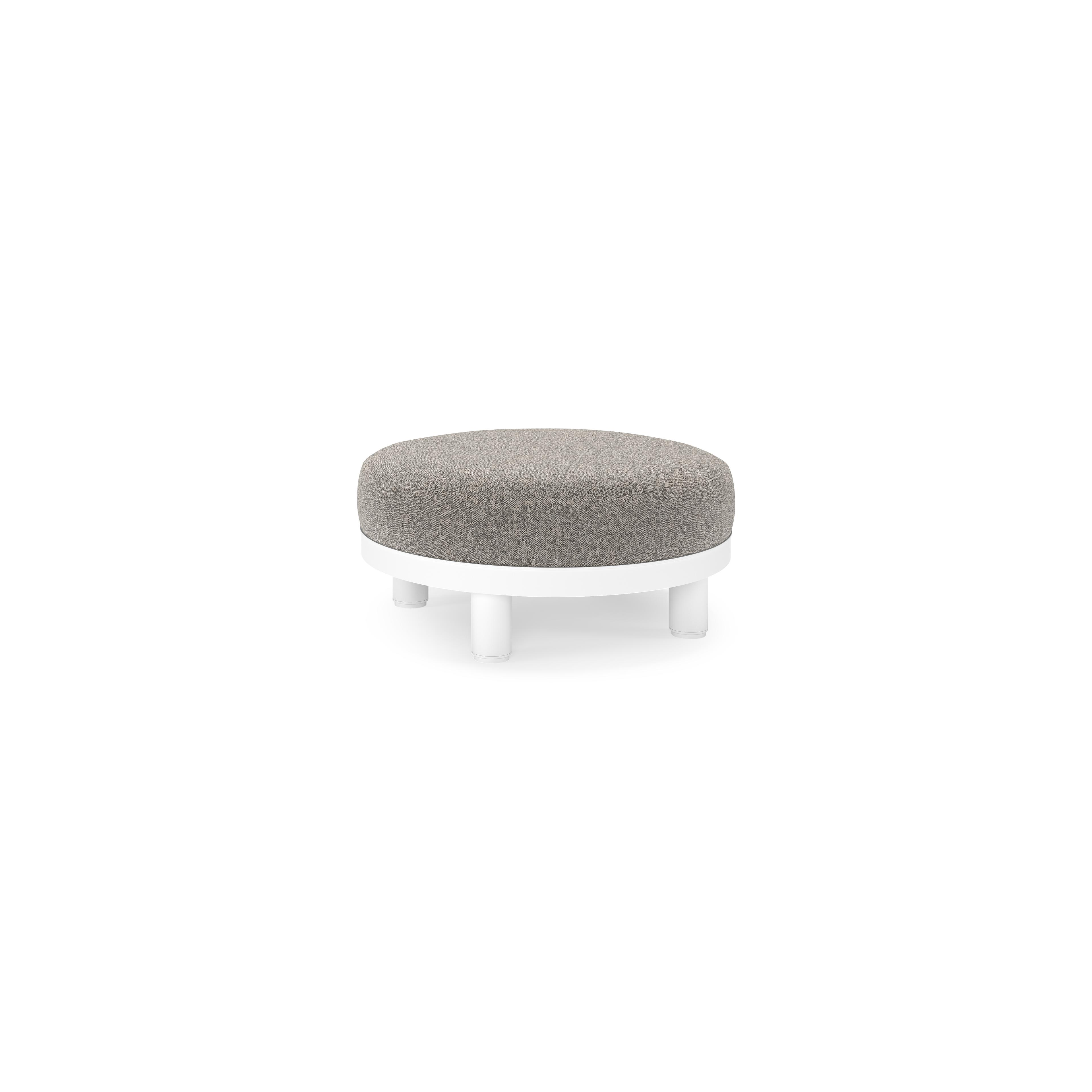 Salon de jardin pouf Donato en aluminium blanc et coussins en all Weather Sunbrella® Luxe Chartres Drizzle