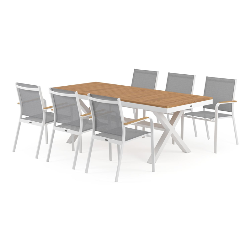 Reza tuinset in wit aluminium en naturel teak tafelblad met 6 stapelbare Amalfi tuinstoelen