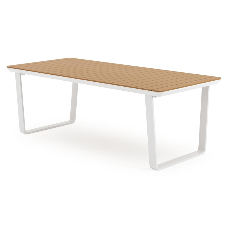 Alora tuinset in wit aluminium en naturel polywood tafelblad met 6 stapelbare Vigo tuinstoelen