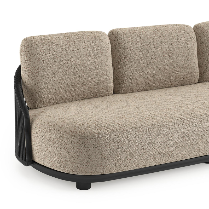 Salon de jardin Vadelo en aluminium noir et corde ronde tissée verticalement noir et coussins en all weather cosytica bora jungle