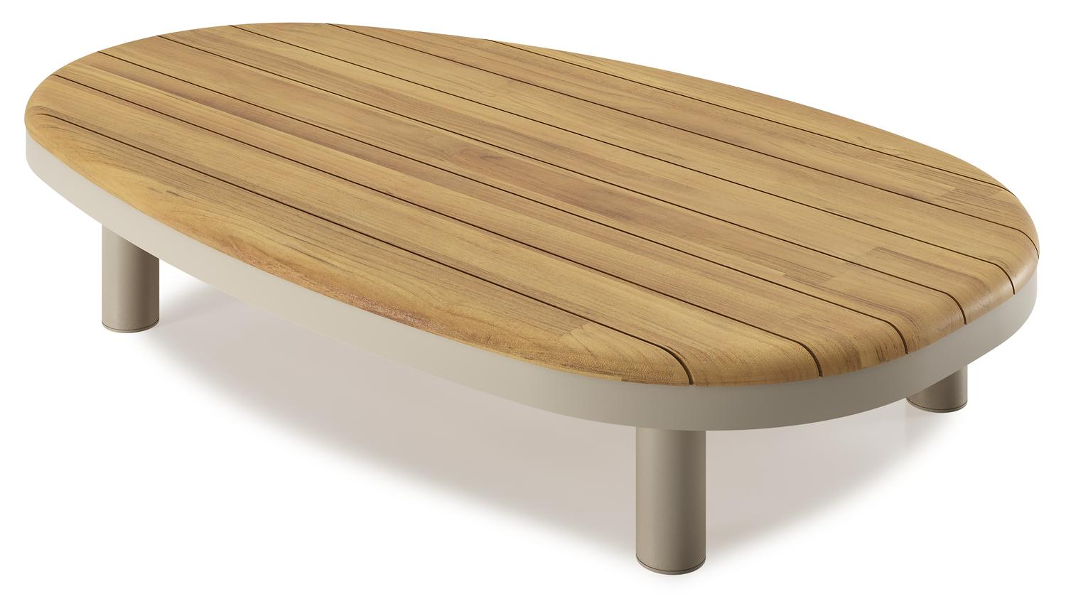 Table de basse Donato organique en aluminium beige et teck Naturel - Lg. 151 x Lrg. 90 x Haut. 24.5 cm
