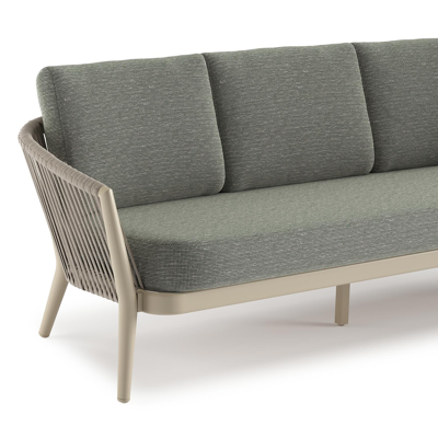 Canapé de jardin Orso en aluminium beige en corde ronde tissée verticalement beige et coussins en all weather sunbrella® luxe Slow Fern