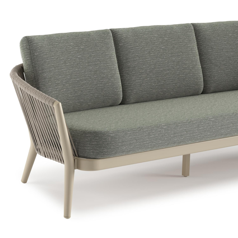 Orso loungebank in beige aluminium en beige verticaal geweven ronde rope met Slow Fern all weather sunbrella® luxe kussen