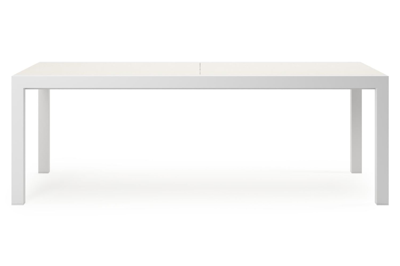 Calobra rechthoekige uitschuifbare tuinset in wit aluminium en sintered stone crema minerale met 10 Amalfi tuinstoelen