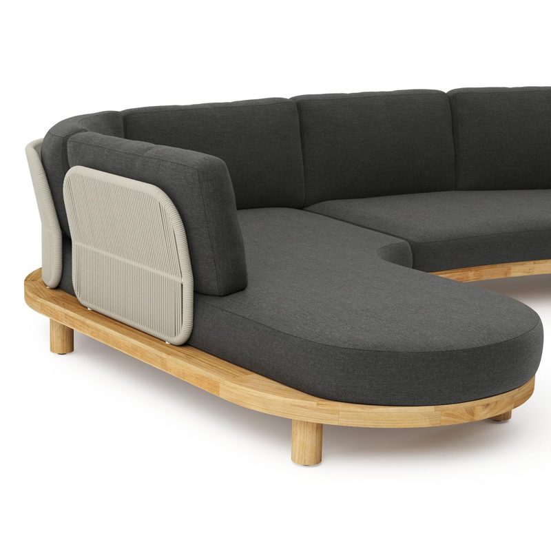 Donato loungehoek in teak en beige verticaal geweven ronde rope met all weather sunbrella® luxe Chartres Sooty kussen