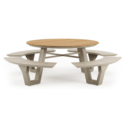 Rondino picknicktafel in beige aluminium en teak - Dia. 236 x H 71,5 cm