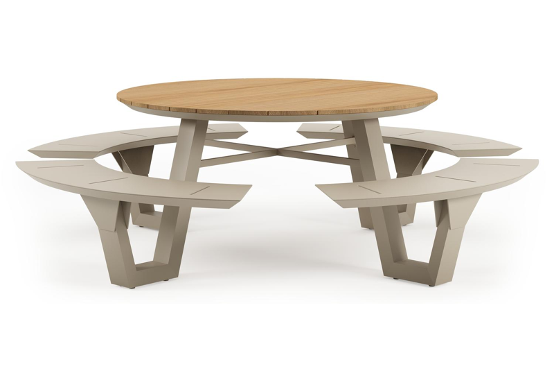 Rondino picknicktafel in beige aluminium en teak - Dia. 236 x H 71,5 cm