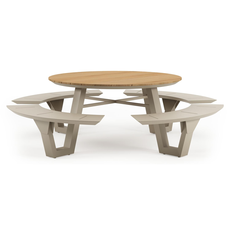 Rondino picknicktafel in beige aluminium en teak - Dia. 236 x H 71,5 cm