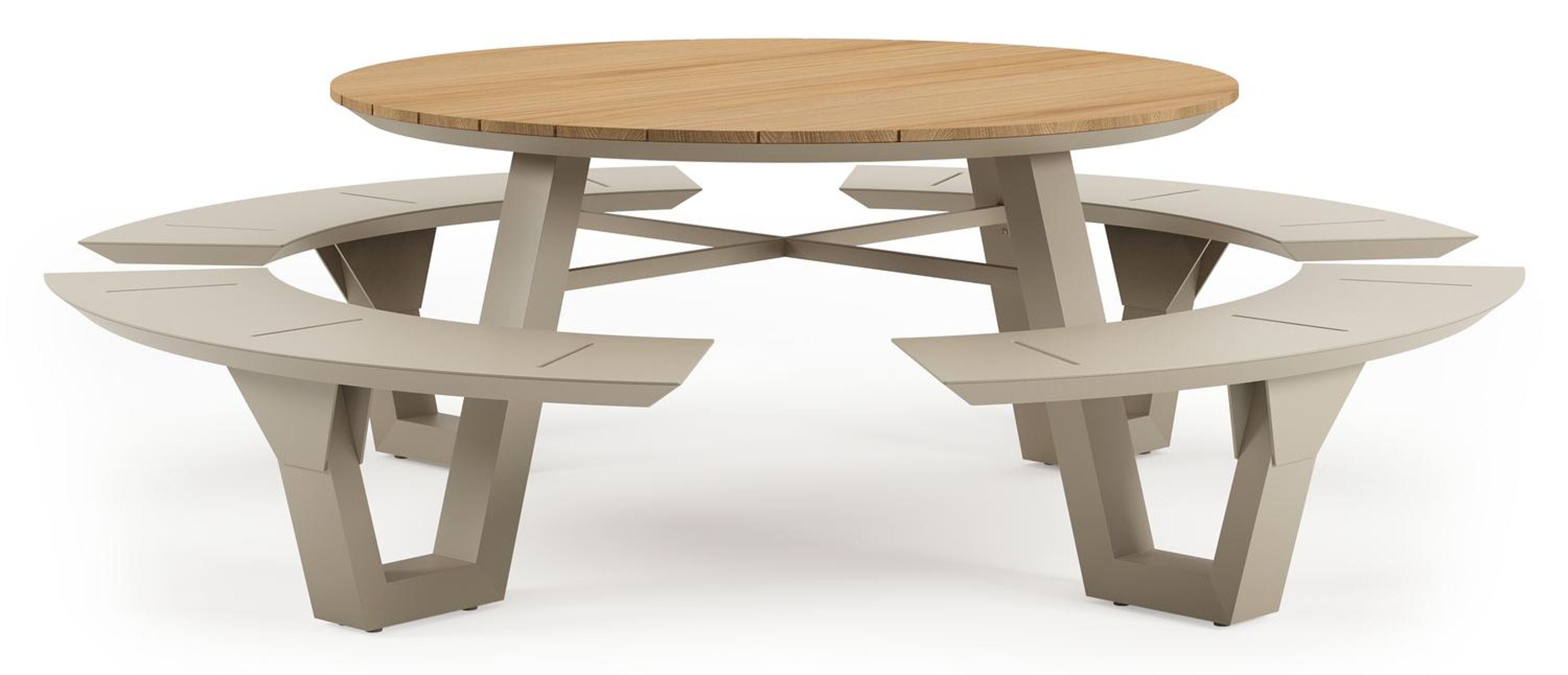 Table de pique-nique Rondino en aluminium beige et teck - Diam. 236 x Haut. 71,5 cm