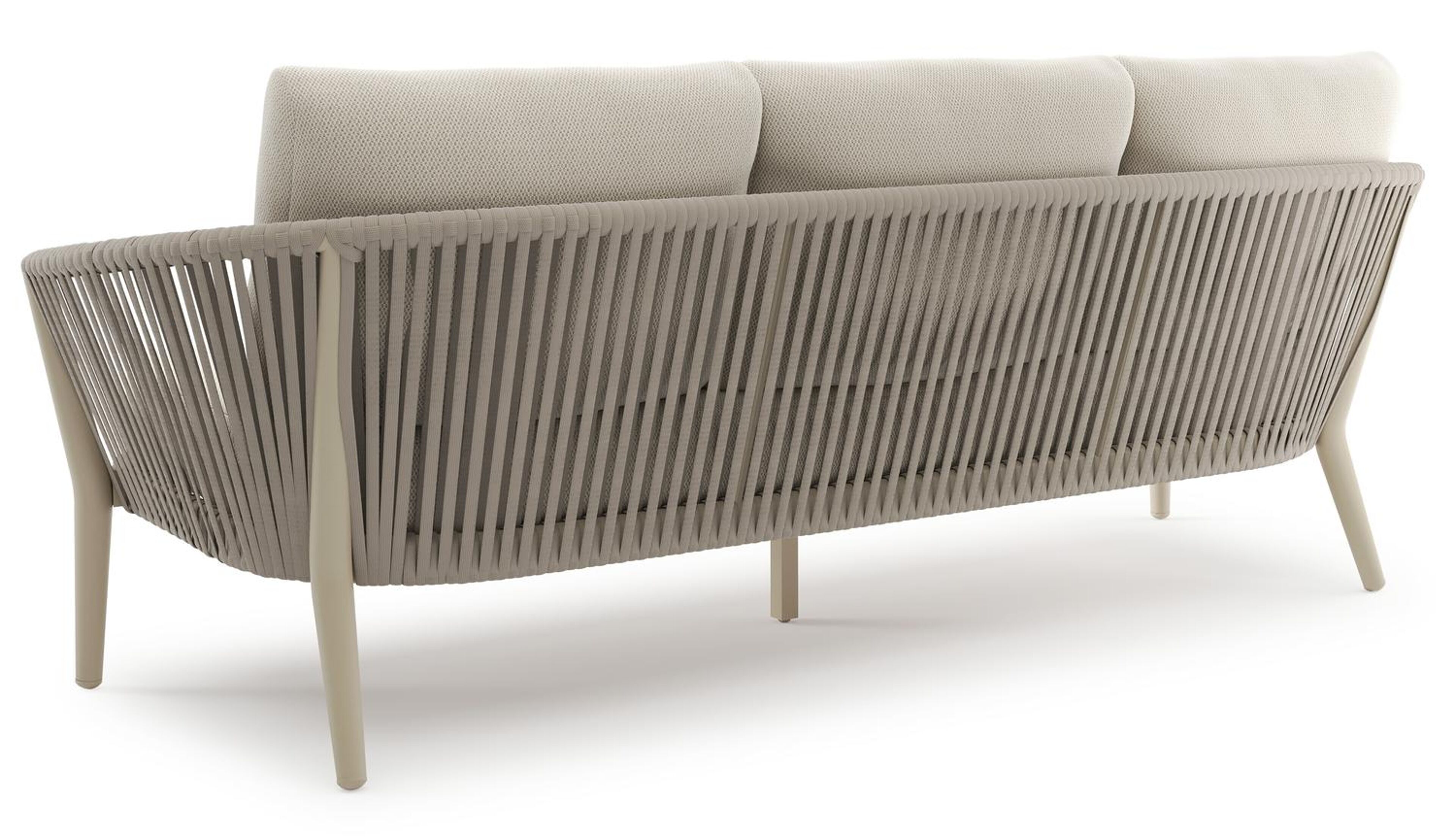 Orso loungebank in beige aluminium en beige verticaal geweven luxe vlakke rope met Lopi Marble all weather sunbrella® luxe kussen