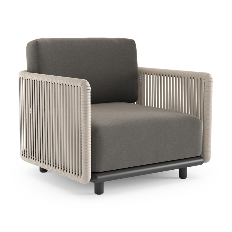 Organo loungestoel in zwart aluminium en beige verticaal geweven luxe vlakke rope met natte dark taupe all weather Sunbrella® luxe kussen