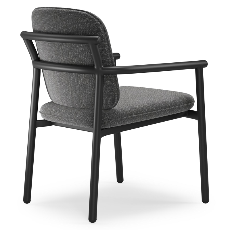 Bono stapelbare tuinstoel in zwart aluminium met stoelkussen in All Weather Sunbrella® Luxe Savane Tornado