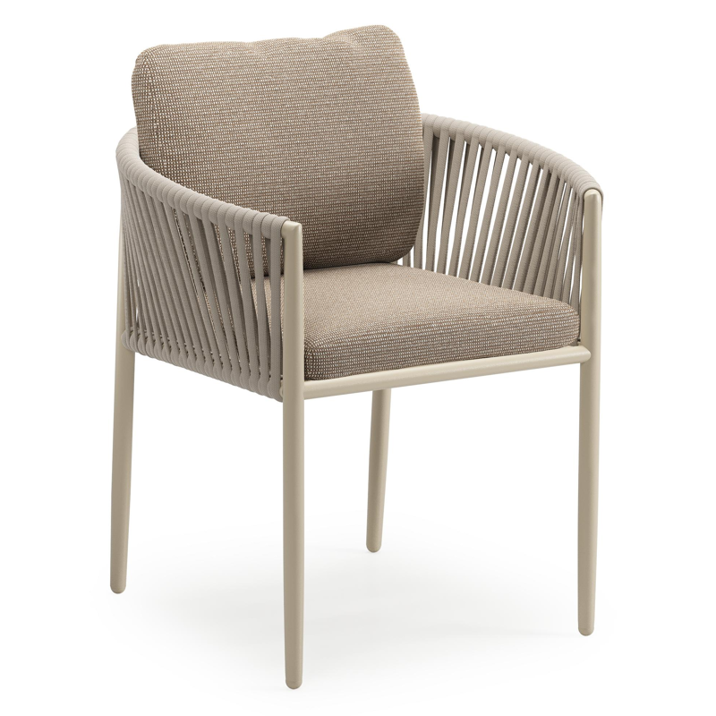 Organo tuinstoel in beige aluminium en beige verticaal geweven luxe vlakke rope met zitkussen in All Weather Solica Firenze Earth