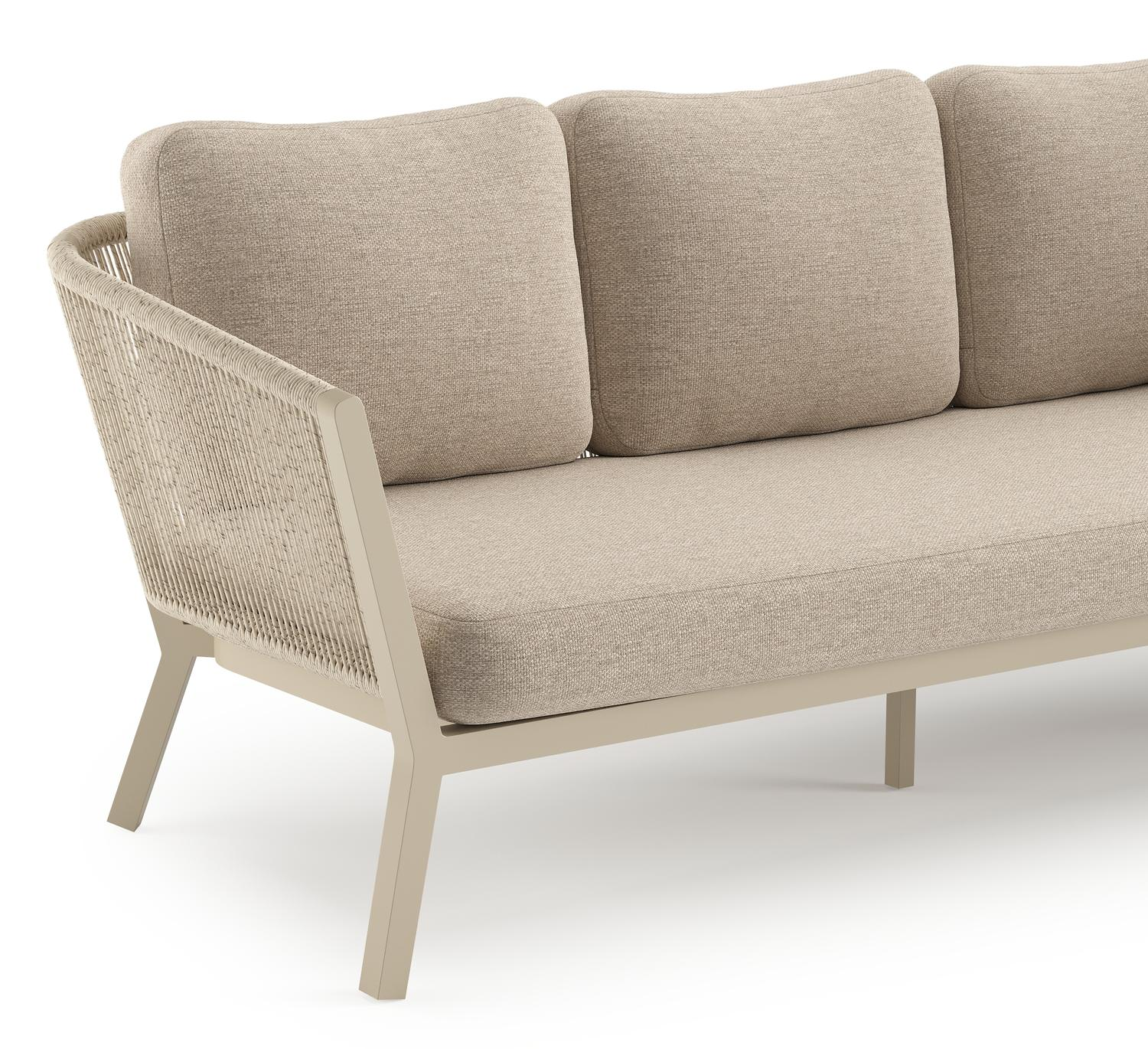 Salon de jardin Cordoba en aluminium beige et corde ronde tissée verticalement beige et coussins en weather+ softtouch rustic