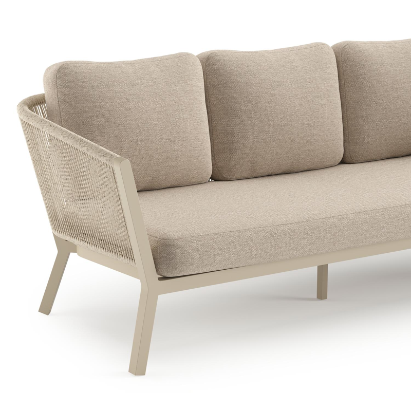 Salon de jardin Cordoba en aluminium beige et corde ronde tissée verticalement beige et coussins en weather+ softtouch rustic