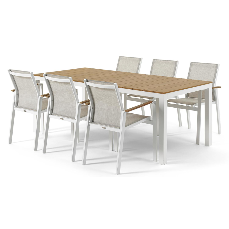 Toma tuinset in wit aluminium en naturel polywood tafelblad met 6 stapelbare Bahia tuinstoelen