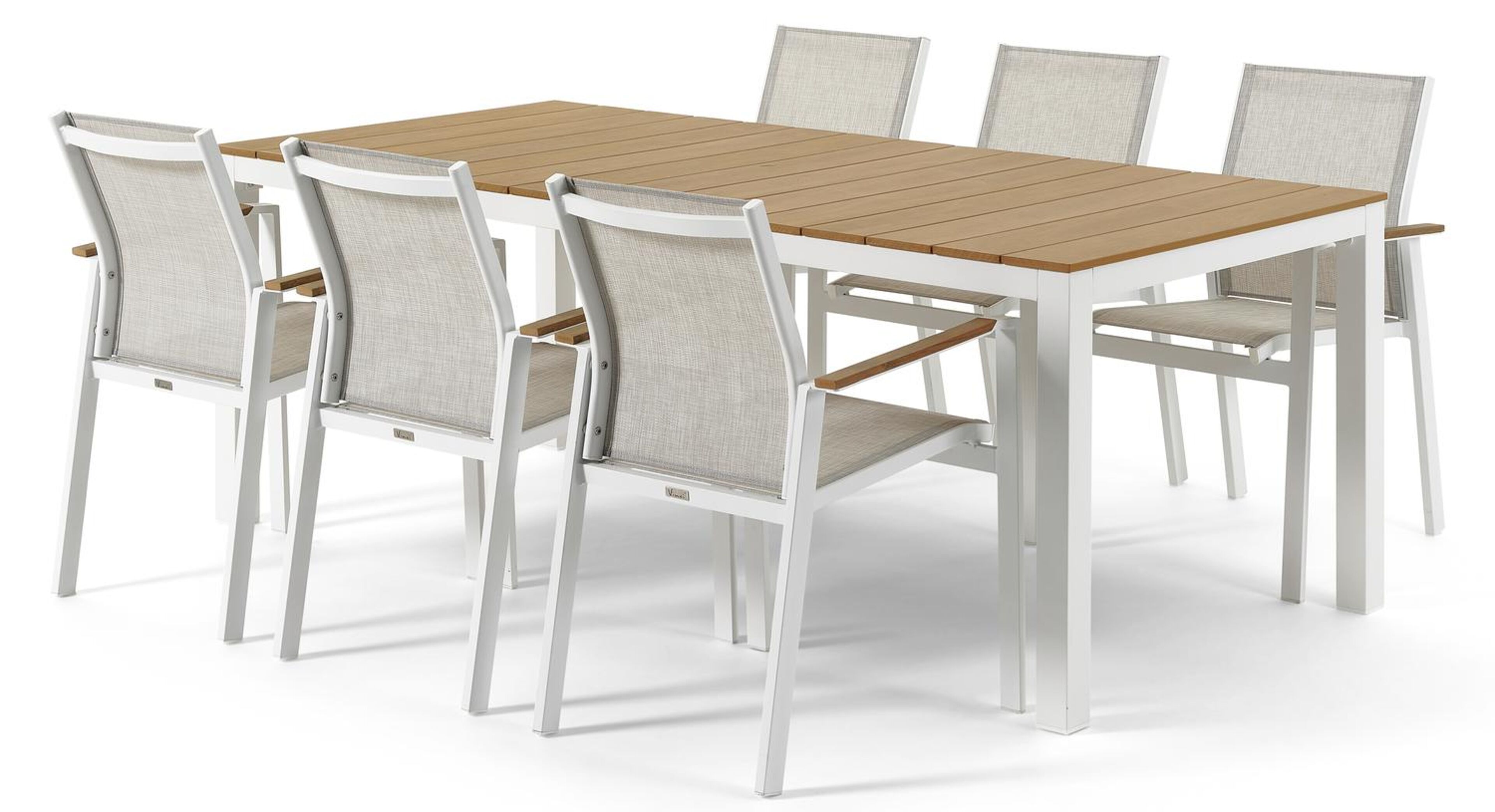 Toma tuinset in wit aluminium en naturel polywood tafelblad met 6 stapelbare Bahia tuinstoelen