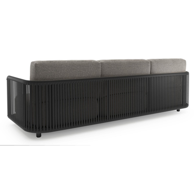 Canapé de jardin Organo en aluminium noir et corde luxe plate tissée verticalement noir et coussin en all weather Sunbrella® luxe chartres drizzle