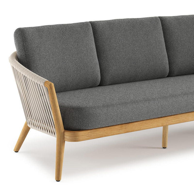 Orso loungebank in teak en beige verticaal geweven luxe vlakke rope met Catania Black all weather cosytica kussen