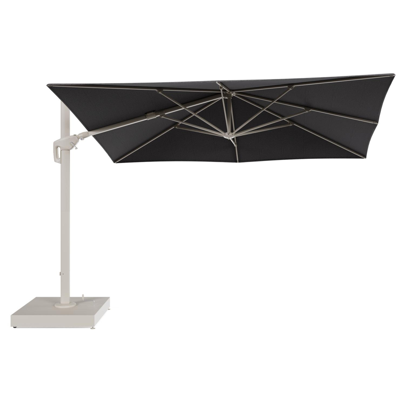 Minore zweefparasol met tiltfunctie in beige aluminium en Firenze Tunder All Weather Solica parasoldoek - L1 280 x L2 370 cm met parasolvoet Minore 260 kg met wielen
