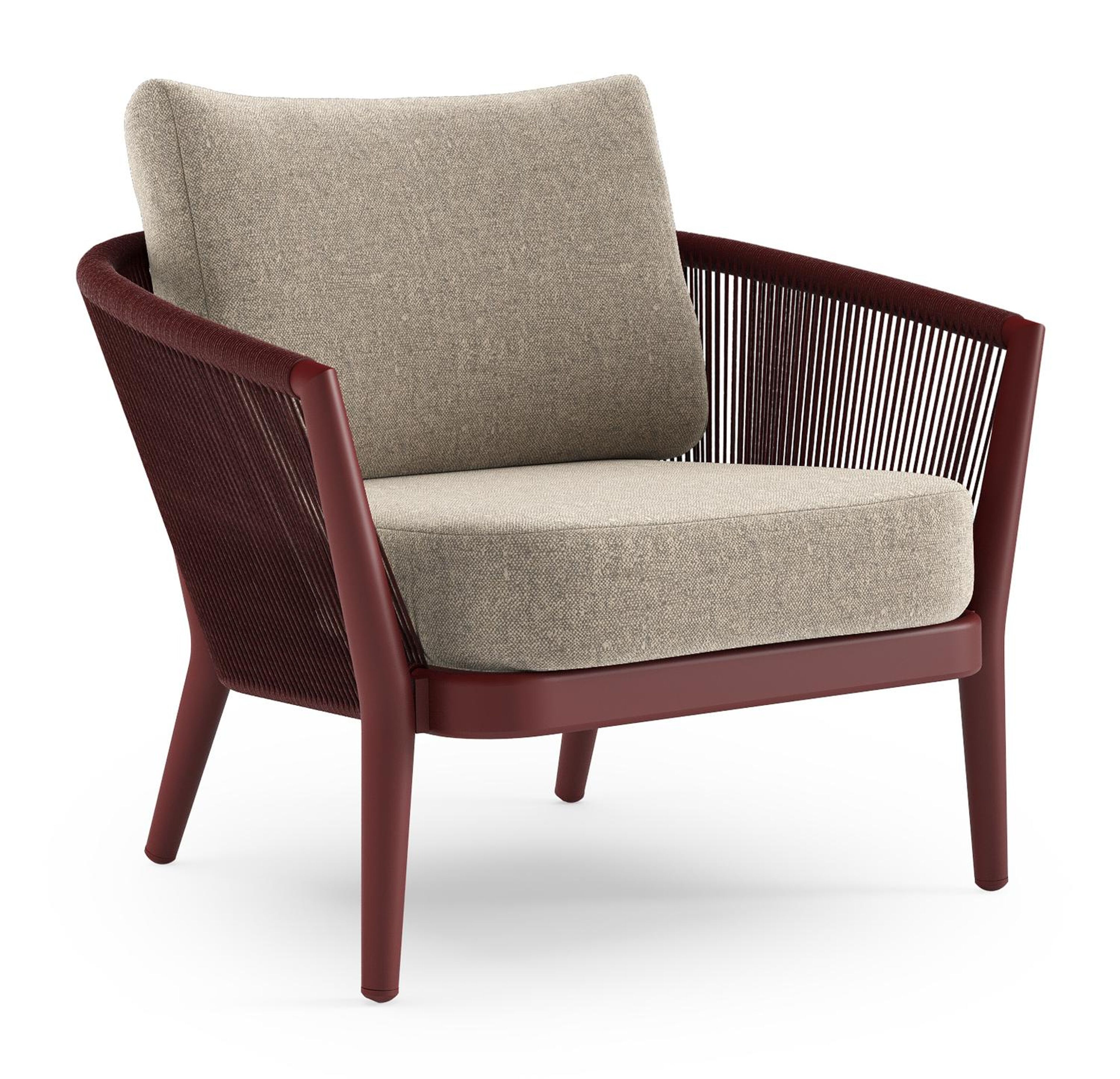 Orso loungestoel in ruby aluminium en ruby verticaal geweven ronde rope met Chartres Pewter all weather sunbrella® luxe kussen