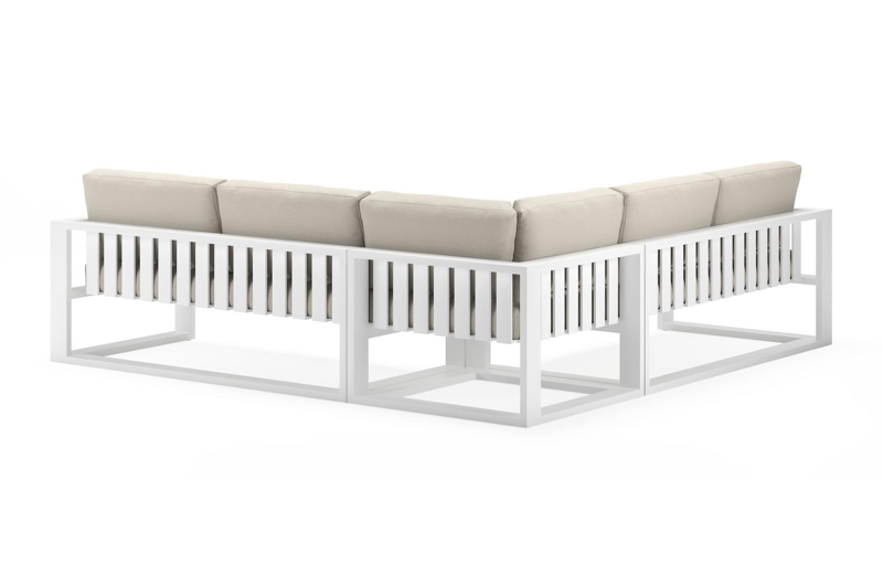 Verato loungehoek in wit aluminium met chartres pewter all weather sunbrella® luxe kussens