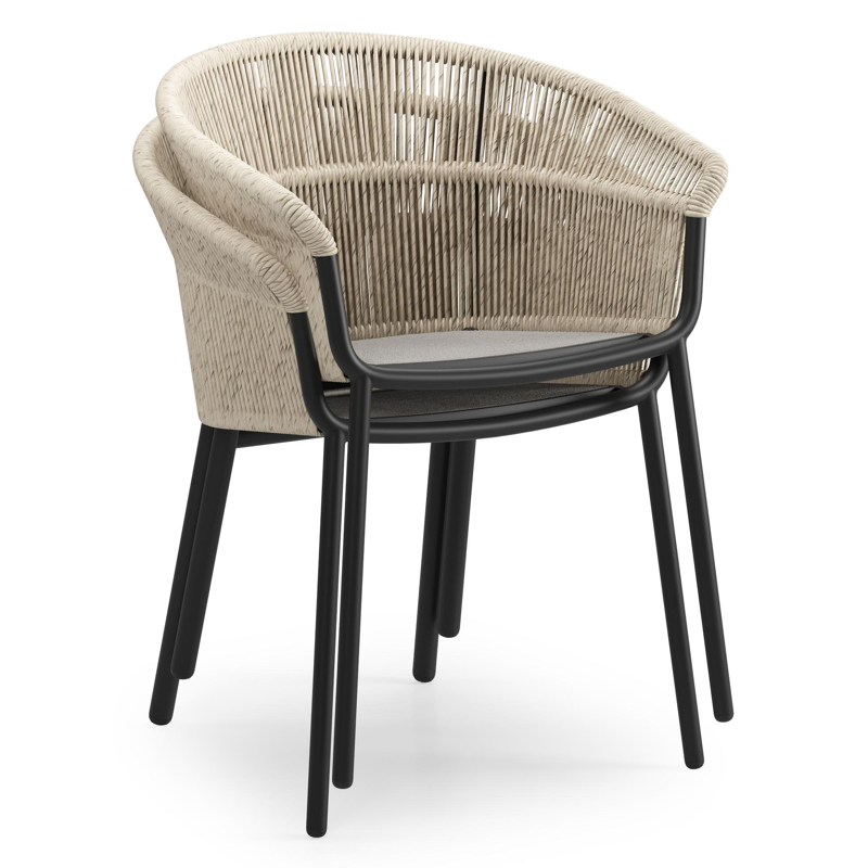 Matera stapelbare tuinstoel in zwart aluminium en beige gedraaide ronde wicker met kussen in sky black weather+ softtouch