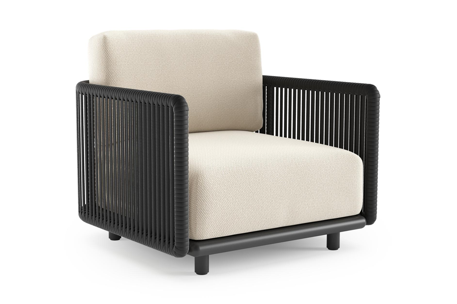 Organo loungestoel in zwart aluminium en zwart verticaal geweven luxe vlakke rope met althea off white all weather Cosytica kussen