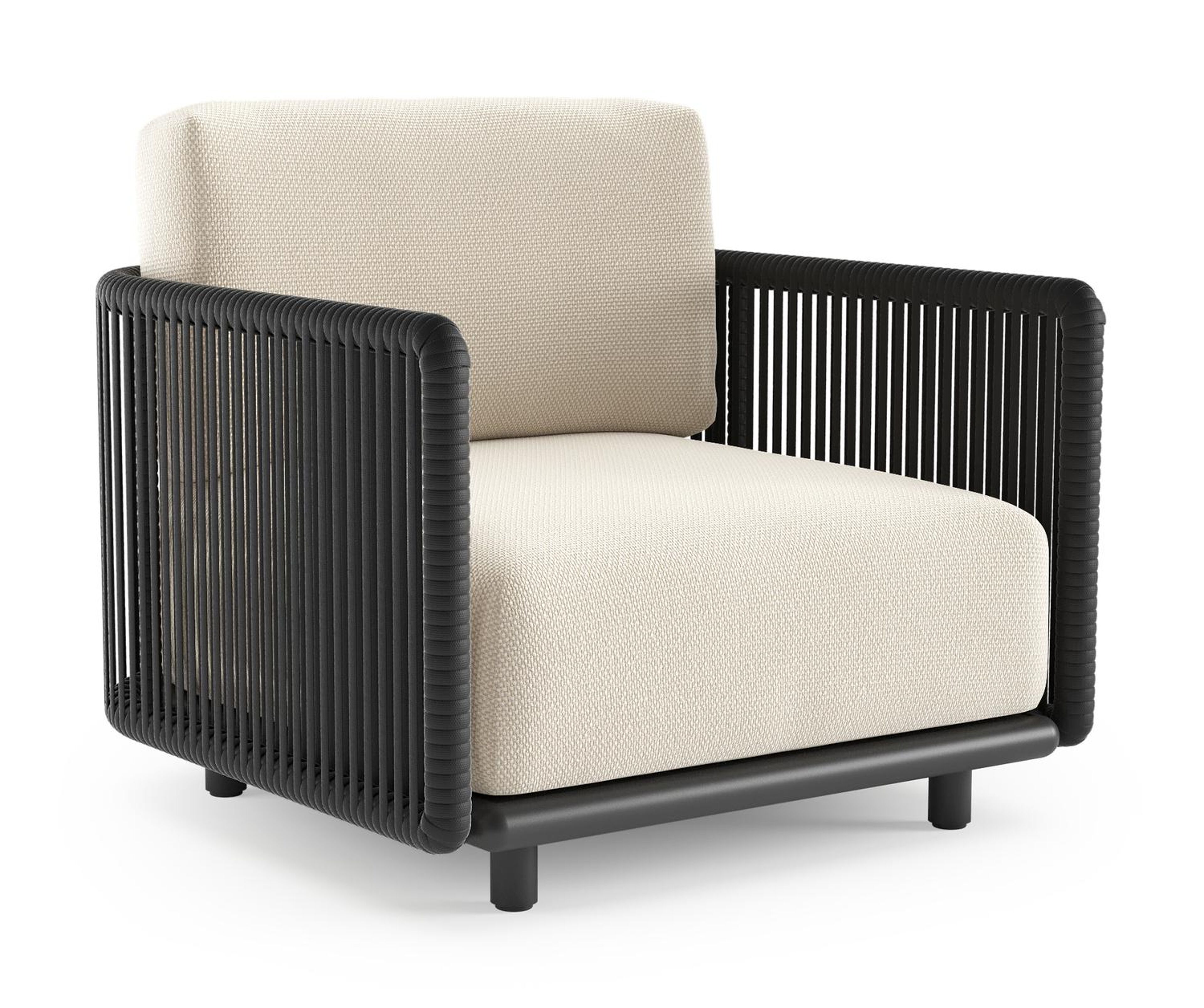 Organo loungestoel in zwart aluminium en zwart verticaal geweven luxe vlakke rope met althea off white all weather Cosytica kussen