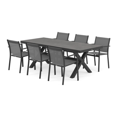 Reza tuinset in zwart aluminium en grijs volkeramiek tafelblad met 6 stapelbare Bareto tuinstoelen