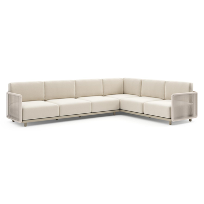Organo loungehoek in beige aluminium en beige verticaal geweven luxe vlakke rope met althea off white all weather Cosytica kussen
