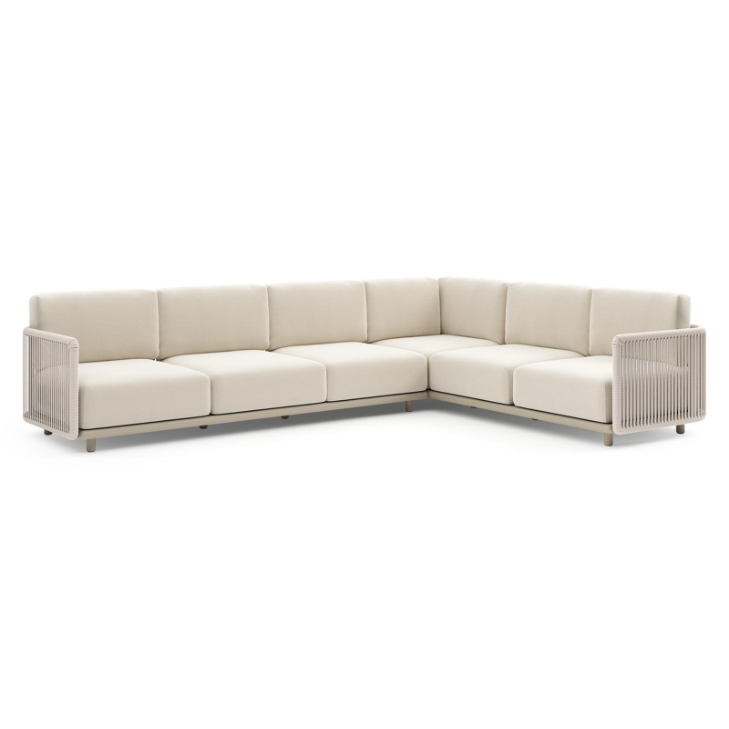 Organo loungehoek in beige aluminium en beige verticaal geweven luxe vlakke rope met althea off white all weather Cosytica kussen