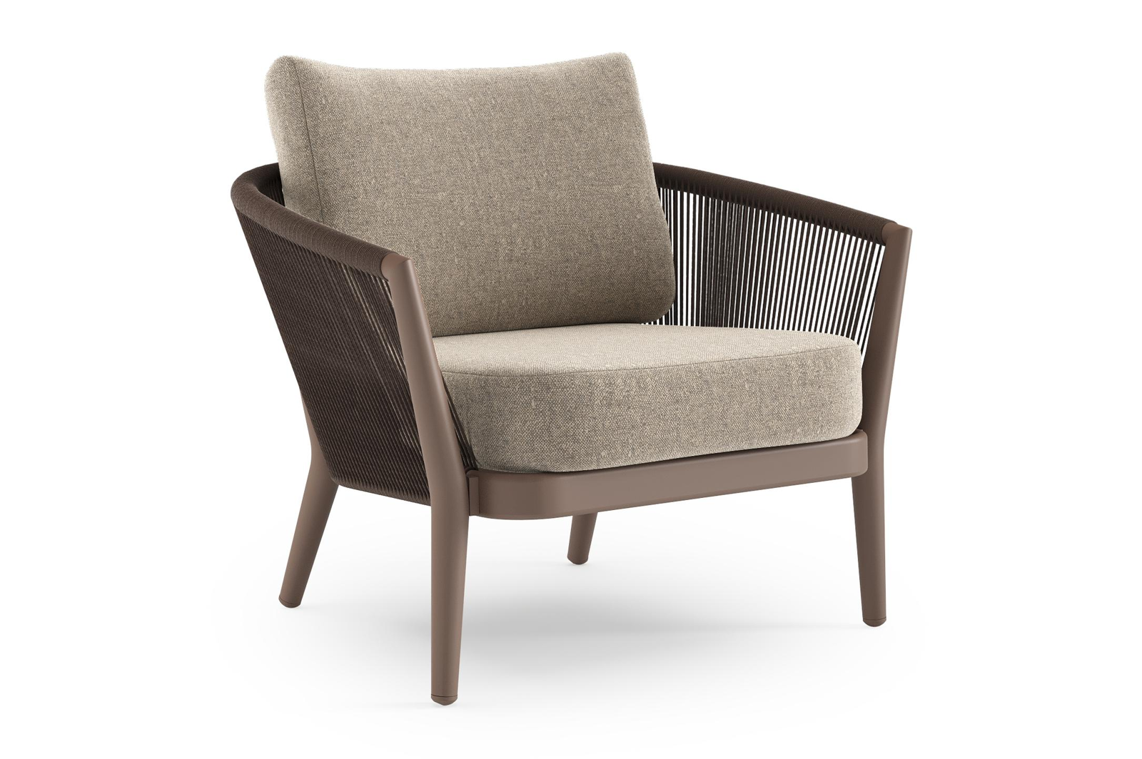 Orso loungestoel in taupe aluminiumen zwart verticaal geweven ronde rope met Chartres Pewter all weather sunbrella® luxe kussen