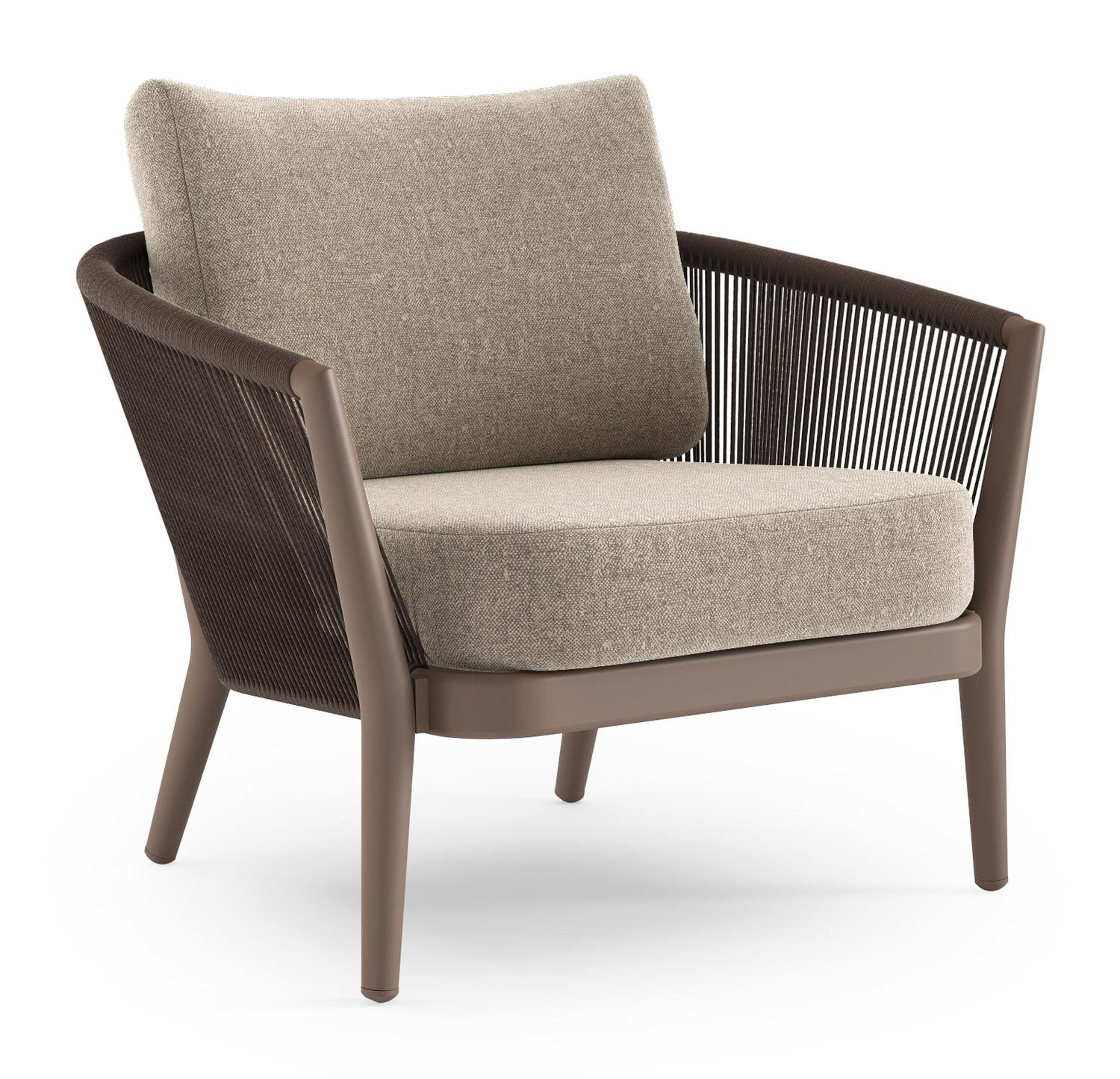 Fauteuil de jardin Orso en aluminium taupe en corde ronde tissée verticalement noir et coussins en all weather sunbrella® luxe Chartres Pewter