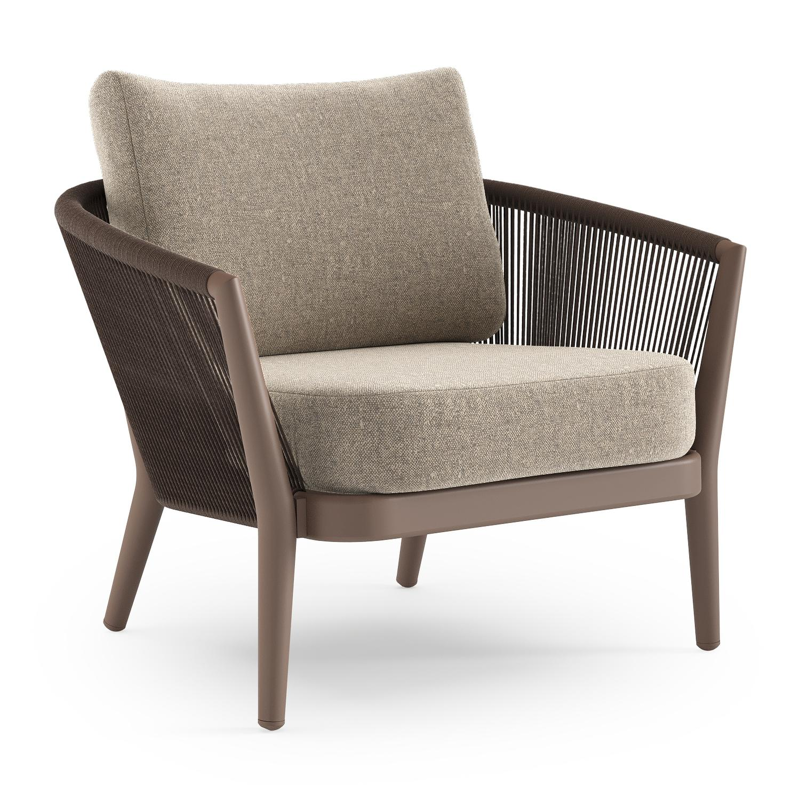 Orso loungestoel in taupe aluminiumen zwart verticaal geweven ronde rope met Chartres Pewter all weather sunbrella® luxe kussen