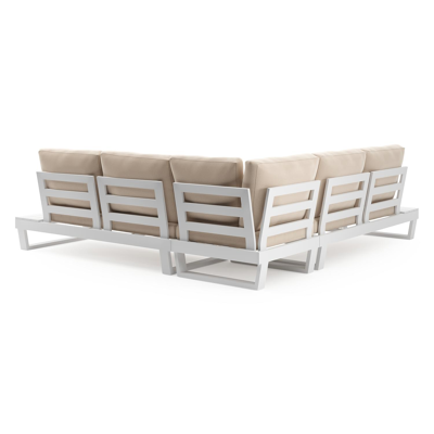 Modica loungehoek in wit aluminium met natte linen chalk all weather sunbrella® premium kussens en loungetafel