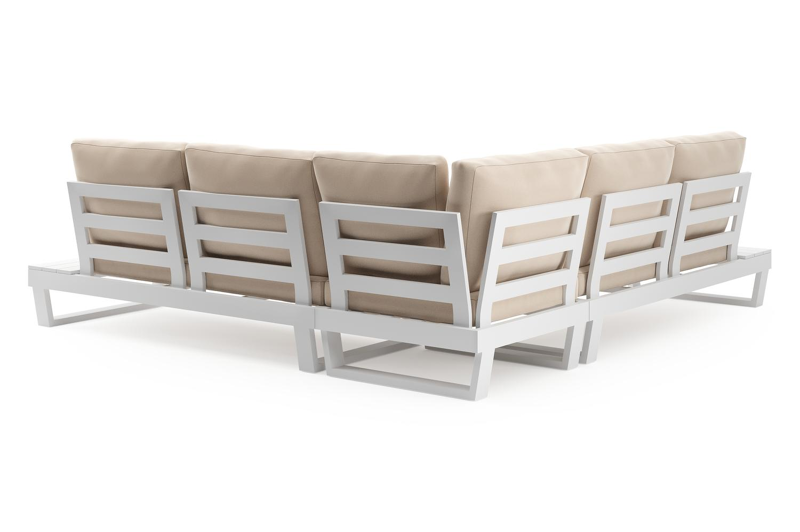 Modica loungehoek in wit aluminium met natte linen chalk all weather sunbrella® premium kussens en loungetafel