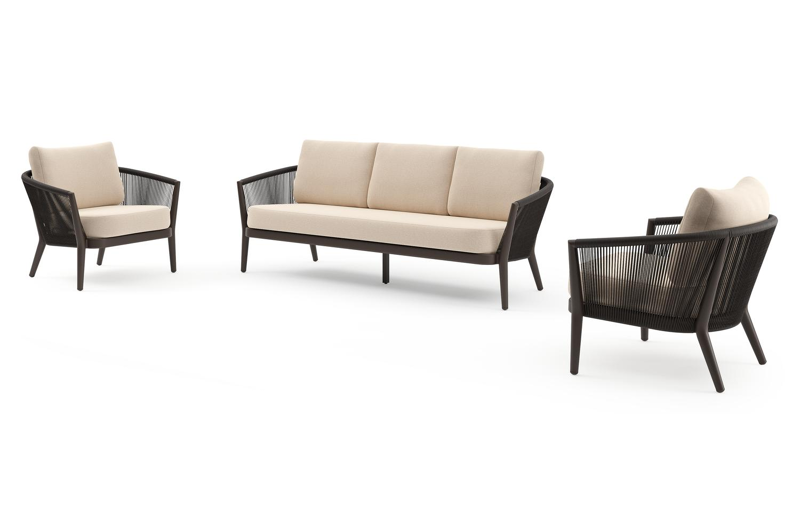 Salon de jardin Orso en aluminium brun foncé en corde ronde tissée verticalement brun foncé et coussins en all weather sunbrella® luxe Heritage Papyrus