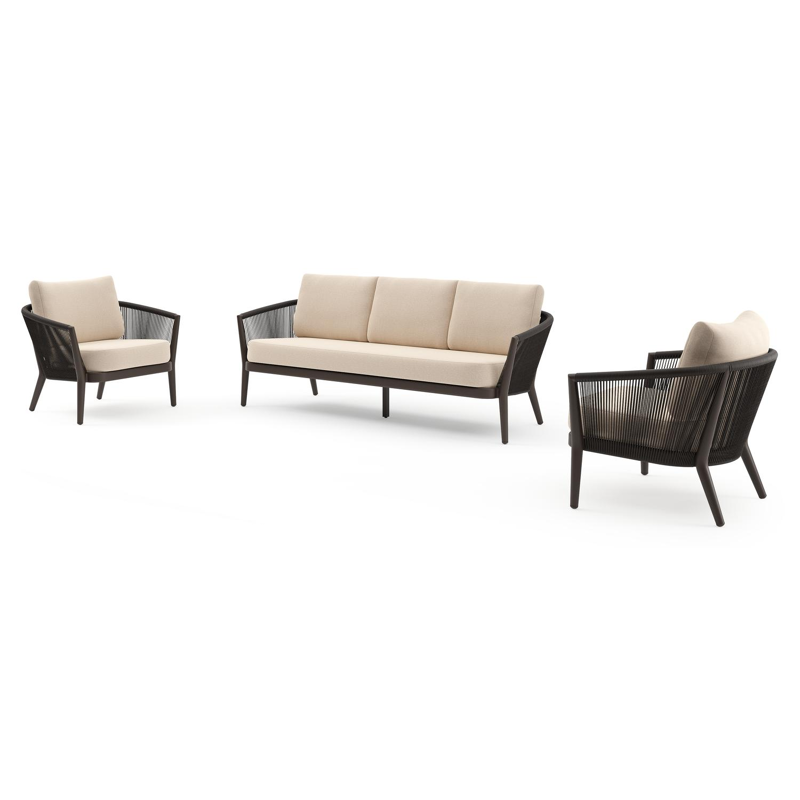 Salon de jardin Orso en aluminium brun foncé en corde ronde tissée verticalement brun foncé et coussins en all weather sunbrella® luxe Heritage Papyrus