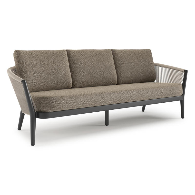 Orso loungebank in zwart aluminium en beige verticaal geweven ronde rope met Madagascar Burch all weather cosytica kussen