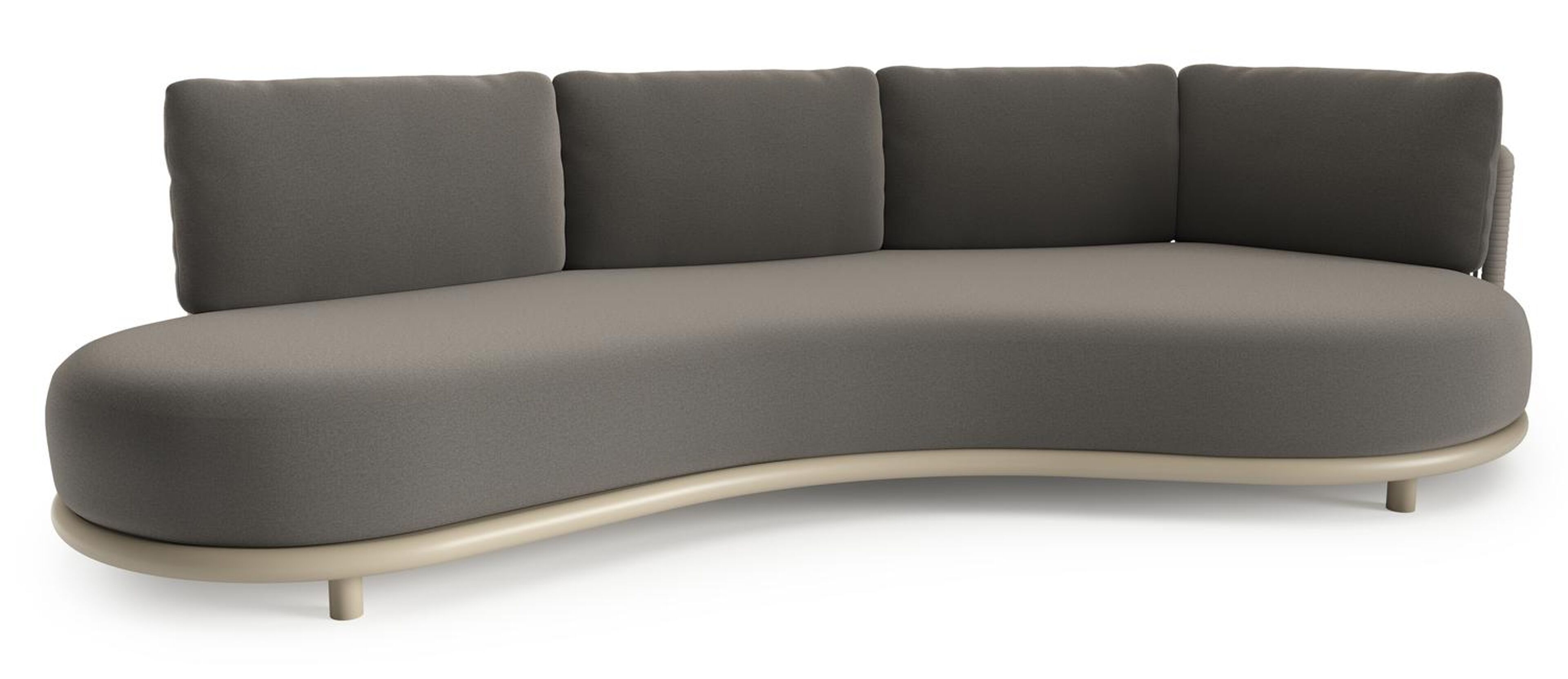 Lomano loungebank in beige aluminium en beige verticaal geweven luxe vlakke rope met natte dark taupe all weather sunbrella® luxe kussen