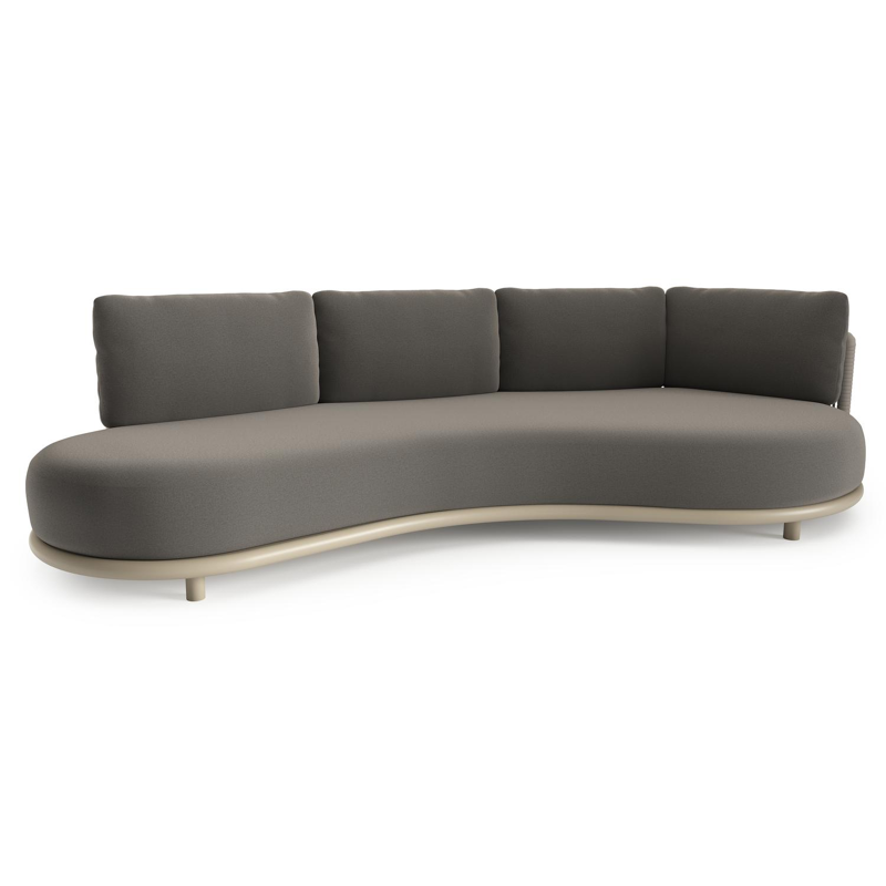 Lomano loungebank in beige aluminium en beige verticaal geweven luxe vlakke rope met natte dark taupe all weather sunbrella® luxe kussen