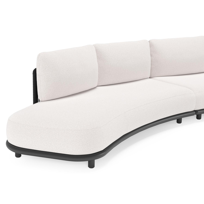 Canapé de jardin Lomano en aluminium noir et corde luxe plate tissée verticalement beige et coussins en all weather solica ego eggshell