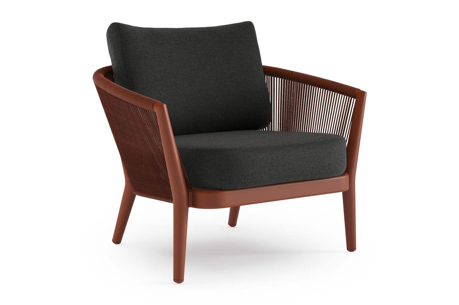 Fauteuil de jardin Orso en aluminium brun rouille et corde ronde tissée verticalement brun rouille et coussins en all weather sunbrella® luxe chartres sooty