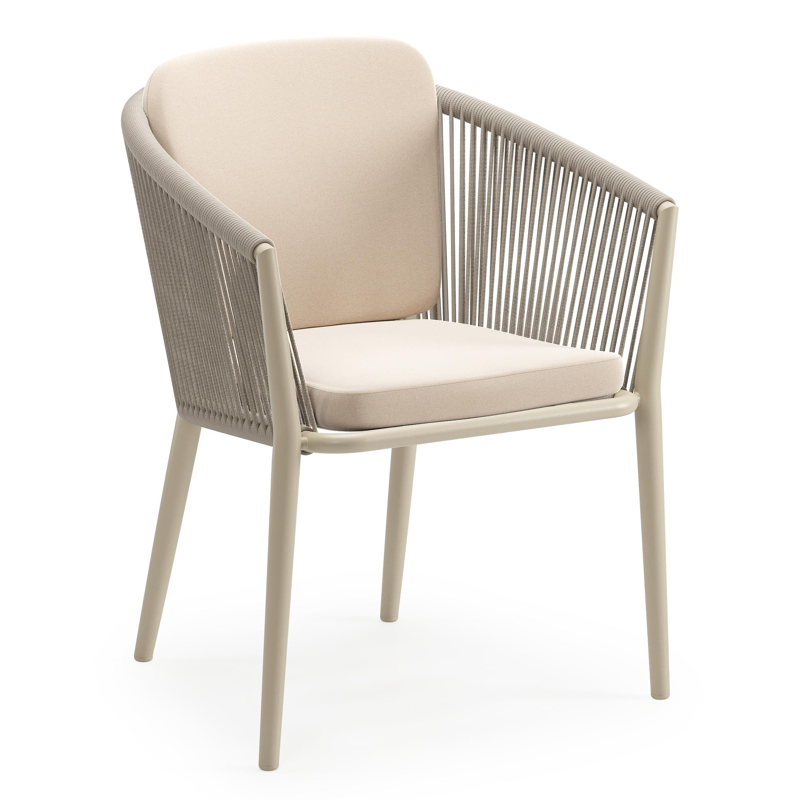 Orso tuinstoel in beige aluminium en beige verticaal geweven ronde rope met zitkussen in All Weather Sunbrella® Luxe Natte Linen Chalk