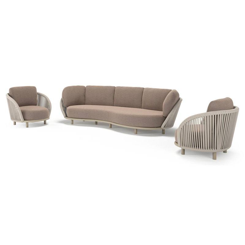 Lupino loungeset in beige aluminium en beige verticaal geweven luxe vlakke brede rope met savane earth all weather sunbrella® luxe kussen
