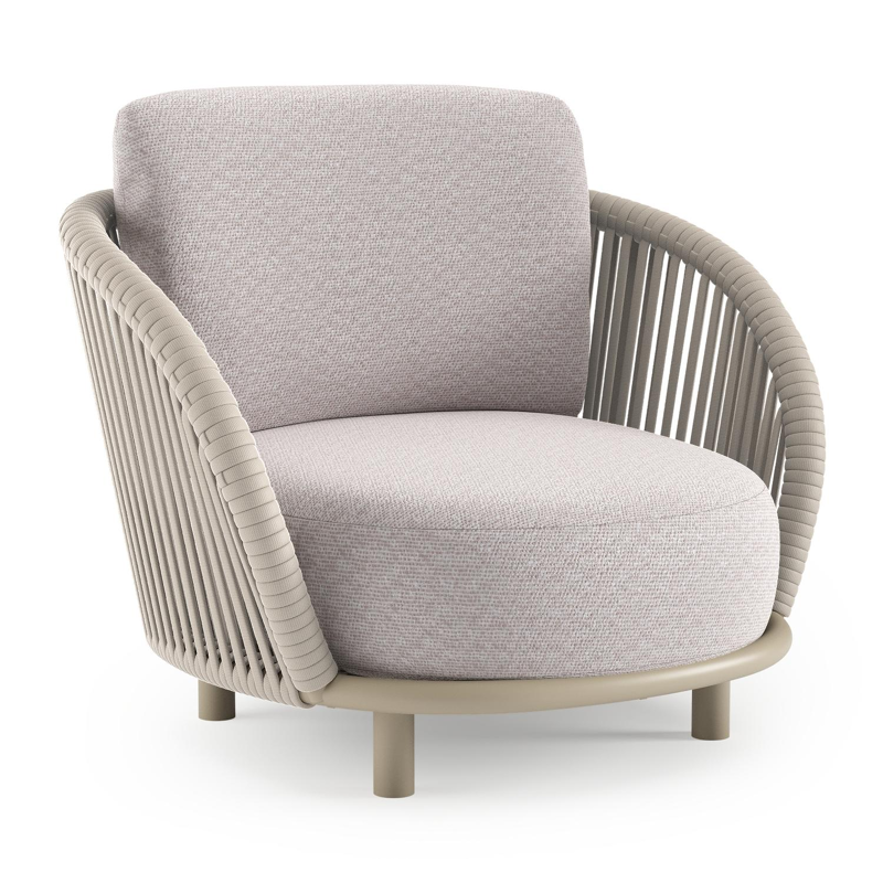 Lupino loungestoel in beige aluminium en beige verticaal geweven luxe vlakke brede rope met wander gobi all weather sunbrella® luxe kussen